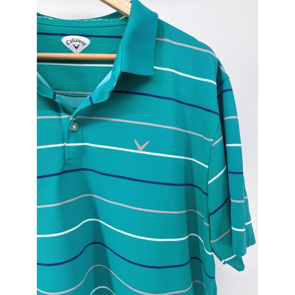 Callaway Polo‎ Shirt Mens XL Teal Green Striped Short Sleeve Golf Performance